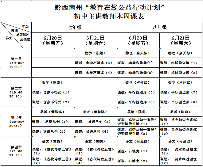 黔西南州“教育在线公益行动计划”初中主讲教师课程表（第三周）.png